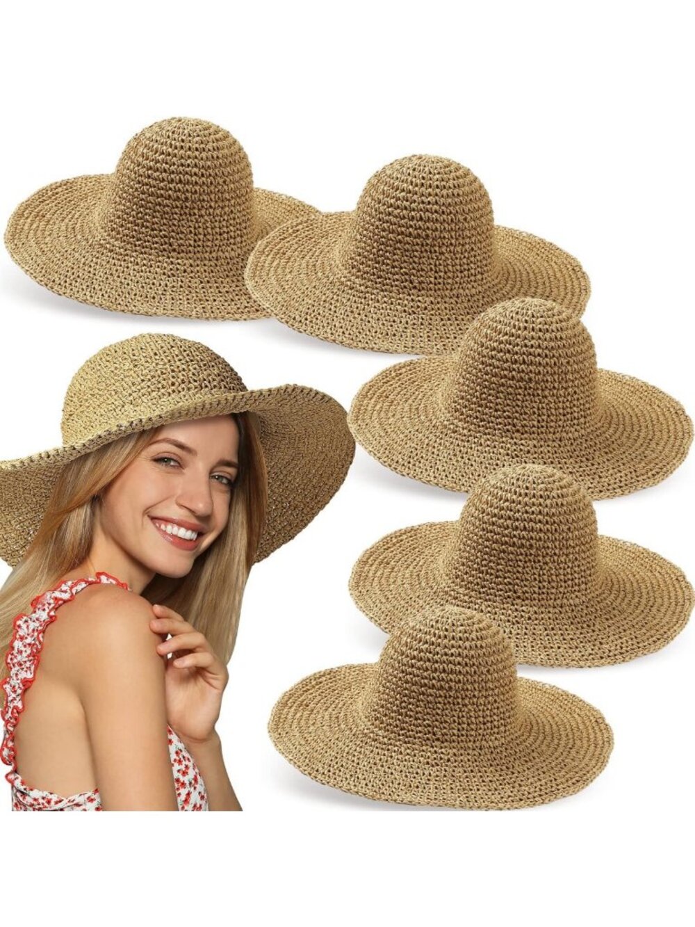 6-Pack Packable Straw Hats for Travel, Beach, Sun Protection & Style